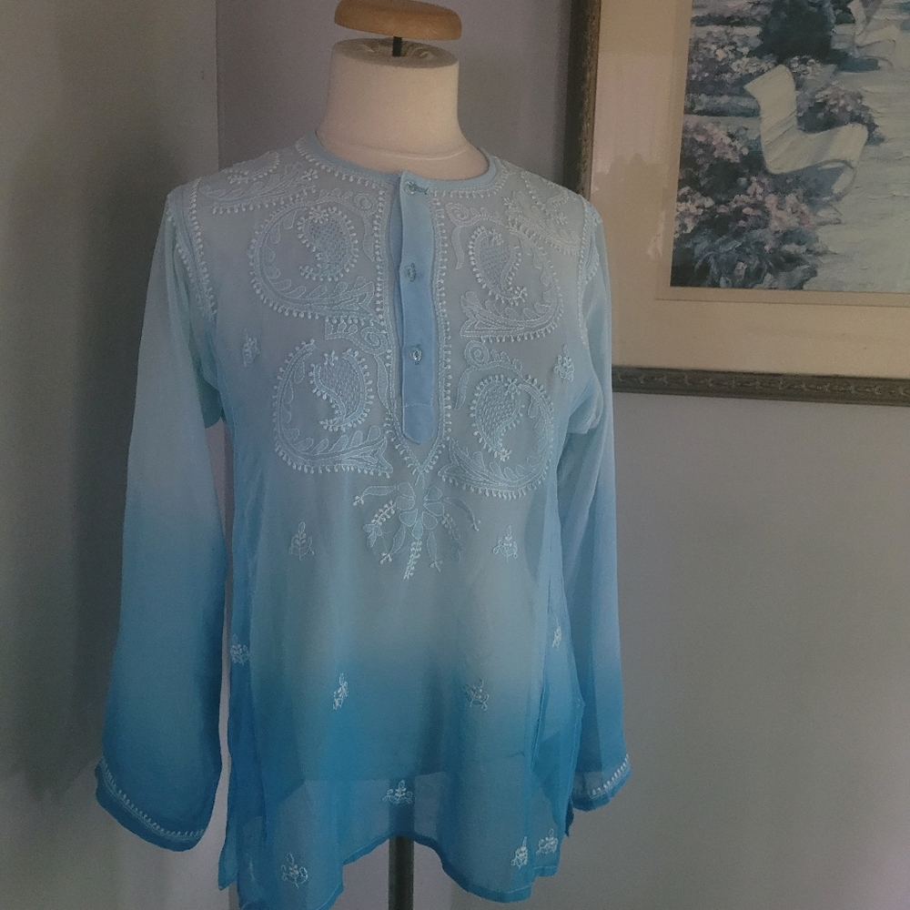 Goergette Blue Embroidered Women's Blouse Size M